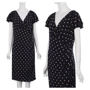 Lauren Ralph Lauren Dress 14 Navy Blue Polka Dot Cap Sleeve Sheath Stretch